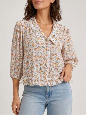 Lost + Wander Ditsy Floral Button Up Peplum Peter Pan Collar Puff Sleeve Blouse